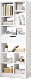 IOTXY Wooden Open Shelf Bookcase - 71 Inches Tall Freestanding Display Storage Cabinet Organizer with 10 Cubes and a Drawer, Floor Standing Bookshelf in Warm White