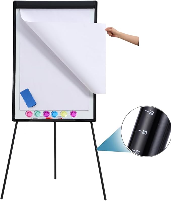 DexBoard 40" x 28" Magnetic Dry Erase Easel Board with Tripod Stand, Height Adjustable Office Presentation Writing Board Easel, Includes 25 Sheets Flip Chart Paper Pad, Magnets & Eraser, Black Frame