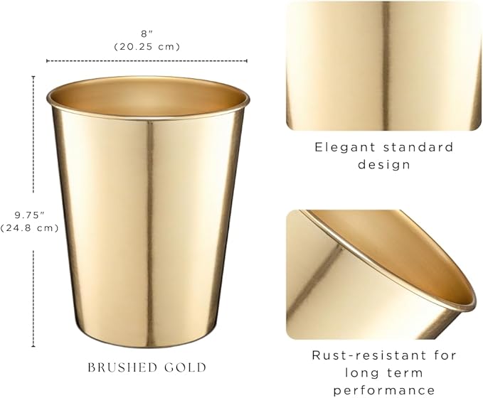 Monarch Abode Metal Bathroom Trash Can – Waste Basket for Bedroom, Office Desk, & Dorm, Handcrafted, Durable Decorative Brushed Gold Small Trash Can Bathroom Garbage Bin Wastebasket