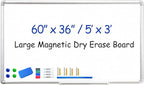 DEVELOP Large Magnetic Dry Erase White Board 60 x 36 Inches, Wall-Mounted 5' x 3' Whiteboard for Home Office School, Silver Aluminium Frame with Detachable Marker Tray, 4 Markers 1 Eraser 4 Magnets