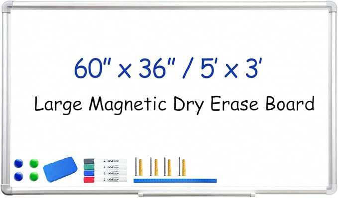 DEVELOP Large Magnetic Dry Erase White Board 60 x 36 Inches, Wall-Mounted 5' x 3' Whiteboard for Home Office School, Silver Aluminium Frame with Detachable Marker Tray, 4 Markers 1 Eraser 4 Magnets