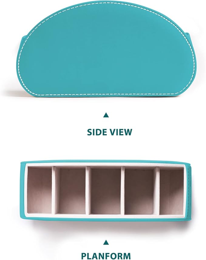 Remote Control Holders Organizer Box with 5 Compartment PU Leather Multi-functional Office Desk Storage Caddy Store Tv Remote for Media Player,Brush,Pencil,Glassees&Office Supplies (Lake Blue)