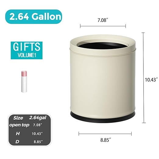 YOJIA 2.6 Gallon/10L White Trash Can,Open Top Metal Waste Basket, Modern,Elegant Garbage Can,Under The Table Trash Bin,for Bathroom,Bedroom,Living Room,Kitchen,Office,Bank,Cafe(White 10L)