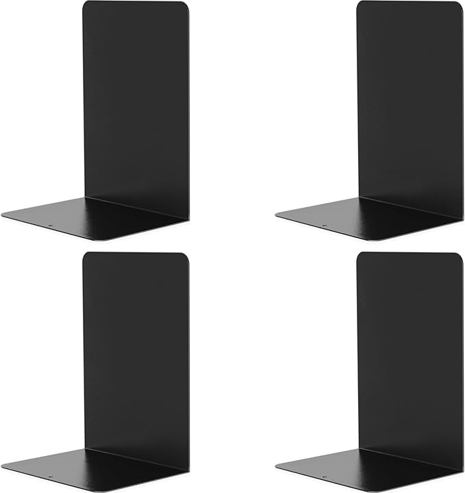 VONDERSO Metal Bookends Black, 2 Pairs Decorative Metal Book End Supports for Shelves Gauge Book Divider Stopper Holders with Non-Slip Anti-Scratch Rubber Pads