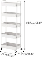 Sywhitta 5-Tier Plastic Rolling Utility Cart with Handle, Multi-Functional Storage Trolley for Office, Living Room, Kitchen, Movable Storage Organizer with Wheels, White
