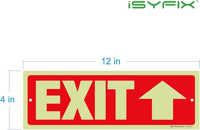 iSYFIX Exit Signs with Directional Up Arrow - 2 Pack 12x4 Inch Glow in the Dark for Business, School, Office, Warehouse - Durable 40 Mil Polystyrene, UV Laminated, Waterproof, Scratch & Fade Resistant