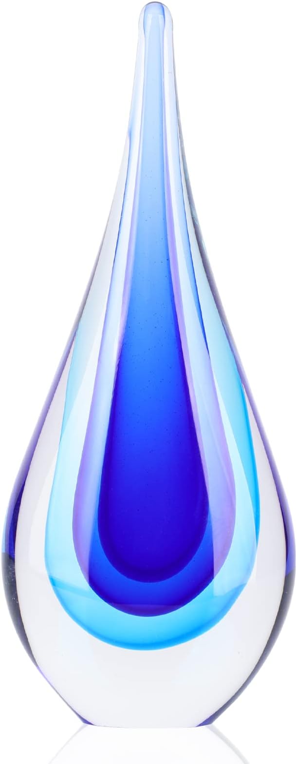 DOVDOV Blown Glass Sculpture, Blue Glass Art Collectible Statue, Unique Teardrop Ornament, Suitable for Office, Bookshelf, Dressing Table, Living Room Coffee Table, or Mantelpiece Display.
