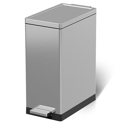 SIMPLYKLEEN Trash Can with Lid - 45 Liter/12 Gallon Slim Stainless Steel Trash Can Odor Protection Kitchen Garbage Cans with Soft-Close Foot Pedal Anti-Fingerprint for Bathroom Home Office Rectangle