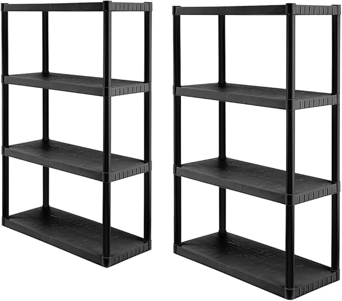 CX 4-Tier (52.1”H x 34.8”W x 14.6”D) Plastic Storage Shelving Unit (Black) 2-Pack, Medium Duty, 75lbs Per Shelf Capacity, Indoor Storage Organization in Home, Garage, Office with Easy Assembly