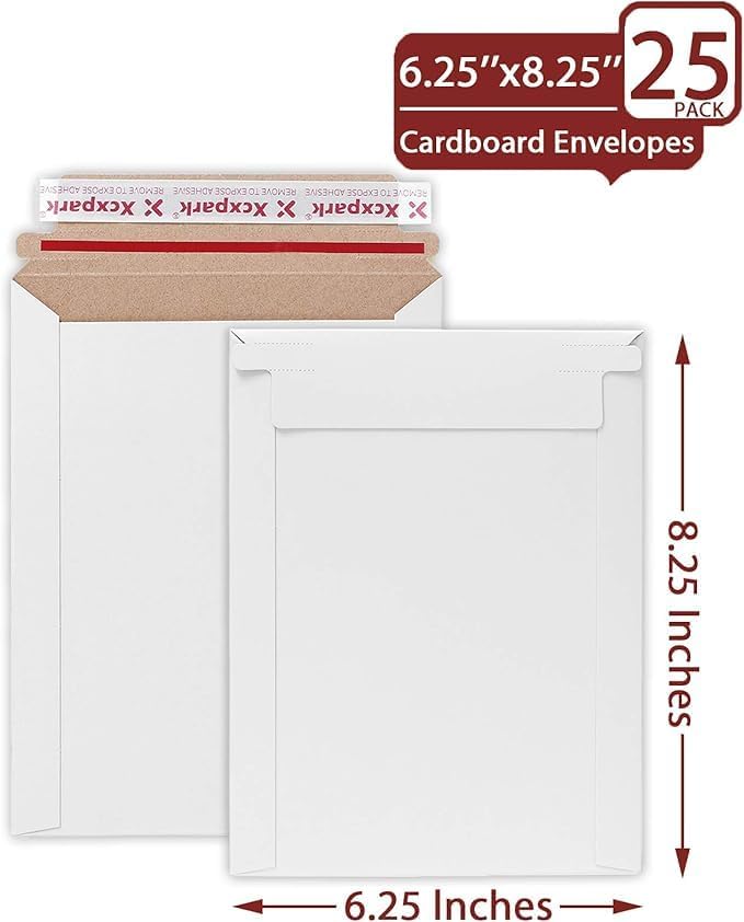 Xxcxpark 25 Pack Rigid Mailers 6.25 x 8.25 inches, Self Seal Photo Document Mailers Premium Cardboard Keep Flat Envelopes for Photos, Pictures, Papers, Files, CD