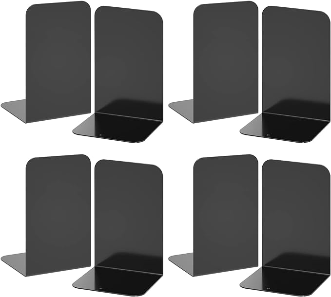 VFINE Bookends 4 Pairs, Black Metal Book Ends, Bookends for Shelves, Book Stopper for Heavy Books, Book Dividers for Home Office School Supplies