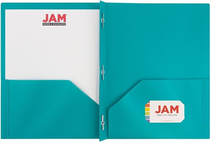 JAM PAPER Plastic Color Pop Folders - 2 Pocket Durable Folders with Metal Prongs Fastener Clasps - Teal Blue - 3/Pack