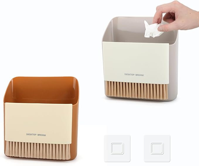 SAYAPE Small Broom and Dustpan Set, Portable Hand Whisk Broom Brush, Mini Hanging Trash Can, Soft Bristle Household Brooms with Dust Pan Combo Set for Cleaning Home, Desktops - 2 Pack (Gray+Orange)
