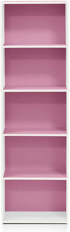 Furinno LUDER Book Shelf, 5-Cube Bookshelf, Bookcase with Open Shelf, 9.4 x 15.8 x 52, for Living Room, Bedroom, Home Office, White/Pink