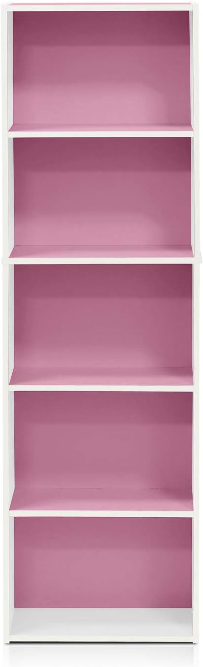 Furinno LUDER Book Shelf, 5-Cube Bookshelf, Bookcase with Open Shelf, 9.4 x 15.8 x 52, for Living Room, Bedroom, Home Office, White/Pink