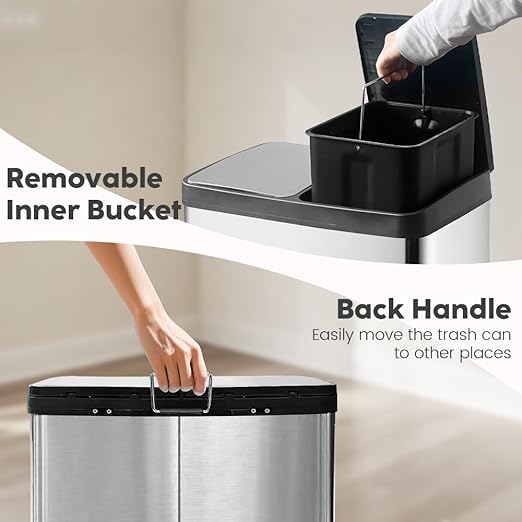 JM ·YIPENG Kitchen Trash Can, 2 x 8 Gallon (2 x 30 L) Recycling Bin with Lid, Double Trash Can, Soft-Close Foot Pedal, 2 Compartments Garbage Cans for Kitchen, Dual Trash Cans, Silver