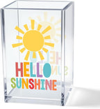 Vgrti Hello Sunshine Acrylic Cosmetic Pencil Pen Holder Cup, Inspirational Sunshine Desk Organizer Accessories for Home Office Decor, Motivational Appreciation Gifts for Coworker Teacher Secretary