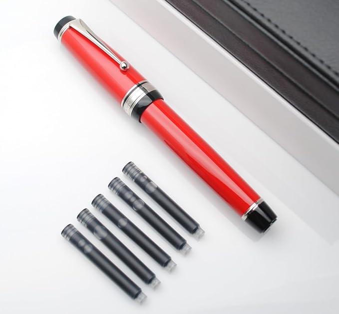 xixixiaozhu Metal Big Fountain Pen Set Medium Nib 0.7mm, Includes Ink Refill Converter, 5 Ink Cartridges & Gift Box (Medium Nib 0.7mm, Red with Silvery Clip)