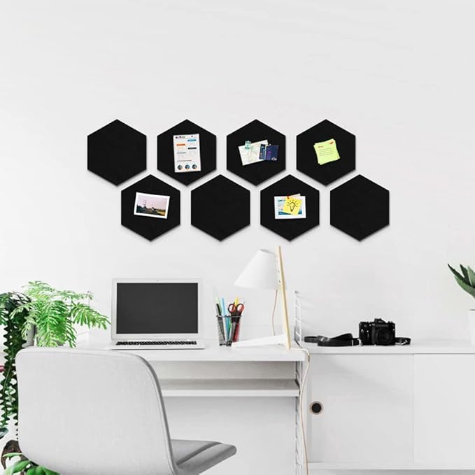 Uoisaiko 12" Large Bulletin Board with 30 Push Pins, Pack of 8 Hexagon Felt Pin Board Notice Boards for Home Office Kitchen, Felt Wall Tiles for Photos Memos