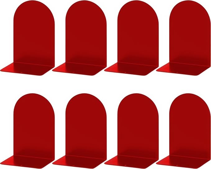 Lulonpon 8 Pieces Book Ends, Bookends, Books Stand, Metal Bookend for Shelves, Red Book Ends for School, Library, Desktop Organizer