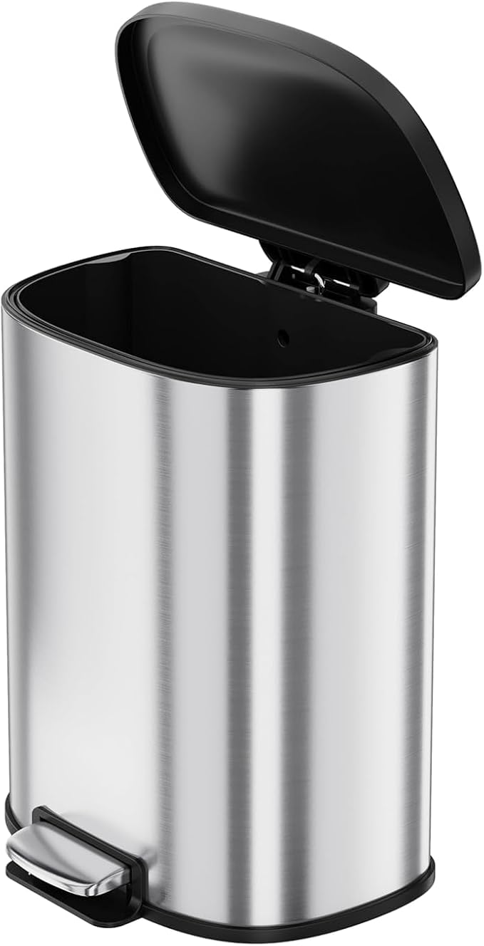 50L / 13.2 Gallon D-Shaped Stainless Steel Step Trash Can, Soft-Close Lid, Removable Inner Bin, Fingerprint Resistant, Space-Saving Garbage Bin for Kitchen, Bathroom, Outdoor, Home Office, Compost