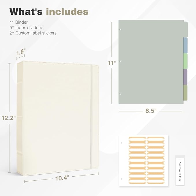 Ospelelf Vintage Hardcover 3 Ring 1 inch Leather Binder, Professional Binders Organizer Suitable for Letter Size Documents, Binder Dividers with Tabs, Beige