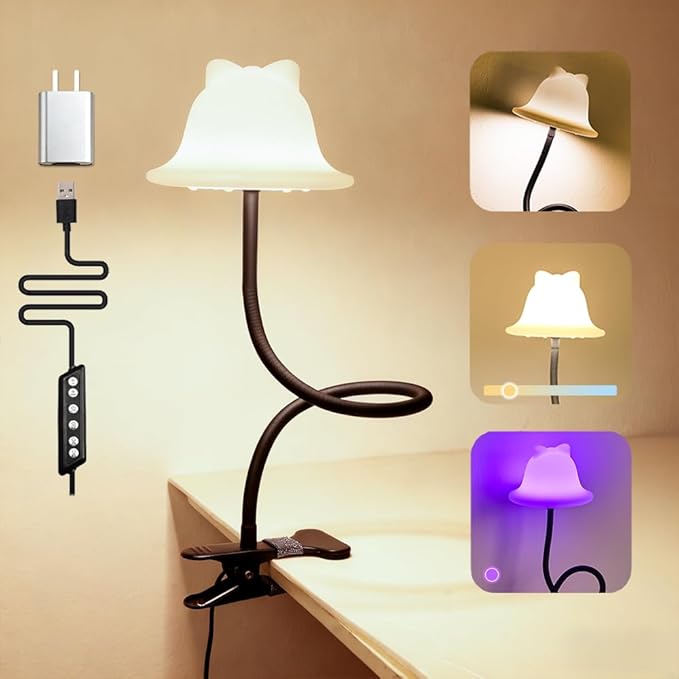 Rdzoko Clip On Light and Bed Reading Light, Clip on for Desk, Bedside Lamps for Dorm, College Dorm Room Essentials, Night Light for Kids Nursery, Multicolor LEDs, Adapter Included