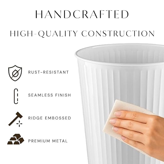 Monarch Abode Metal Bathroom Trash Can – Waste Basket for Bedroom, Office Desk, & Dorm, Handcrafted Ridge Embossed, Durable Decorative White Small Trash Can Bathroom Garbage Bin Wastebasket