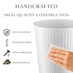 Monarch Abode Metal Bathroom Trash Can – Waste Basket for Bedroom, Office Desk, & Dorm, Handcrafted Ridge Embossed, Durable Decorative White Small Trash Can Bathroom Garbage Bin Wastebasket