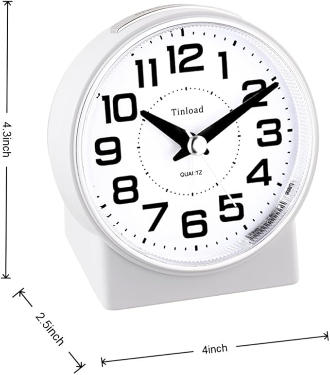Tinload 4.3" No Ticking Analog Alarm Clock,Silent Readable for Seniors,Easy to Set,Gradual Rise Alarm,Big Numbers,On/Off Switch on Side,Gentle Wake,Snooze,Lighted on Demand,Battery Operated,White