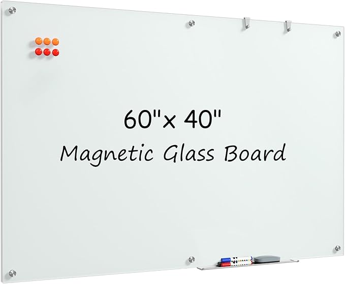 MaxGear Glass Whiteboard, Tempered Magnetic Dry Erase Board 60 x 40 Inch, Frameless Wall Mounted, Office Classroom Conference Room Home Use, Includes Markers, Eraser, Magnets & Mounting Kit