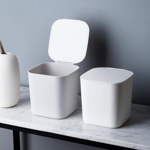 SILJIATING Mini Desktop Trash Can with Trash Bags, Small Countertop Waste Bin with Lid for Office, Skincare & Makeup Table, Tiny Aesthetic Garbage Bin for Bedside White(2pcs)