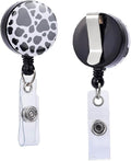Will Well Badge Holders with Belt Clips for Securing onto Pockets and Purse Straps, with Retractable 27.5" UHMWPE Fiber Pull Cords, Strong Build with Fun Designs - 2-Pack, Cow Print