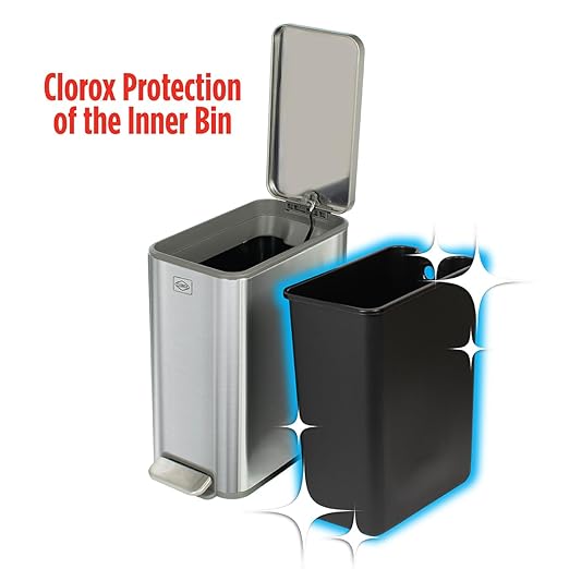 Clorox Slim Trash Can - 2.6 Gallon (10 Liter) Small Metal Trash Can with Soft Close Lid, Step Pedal, Removable Bucket - Stainless Steel Waste Bin for Narrow Spaces, Bathroom, and Office