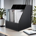 KINGFOM Desktop Wooden Leatherette Magazine File Holder-Organizer-3 Compartment Stand Rack-Papers Storage Box (black)