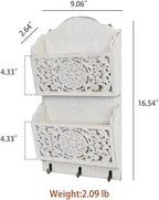Chadechimo Rustic Key and Mail Holder for Wall Home Decorative,2-Slot Mail Organizer Wall Mount with 3 Hooks, Wooden Key Hangers Wall File Organizer Letter Sorter for Letter Magazines（White）