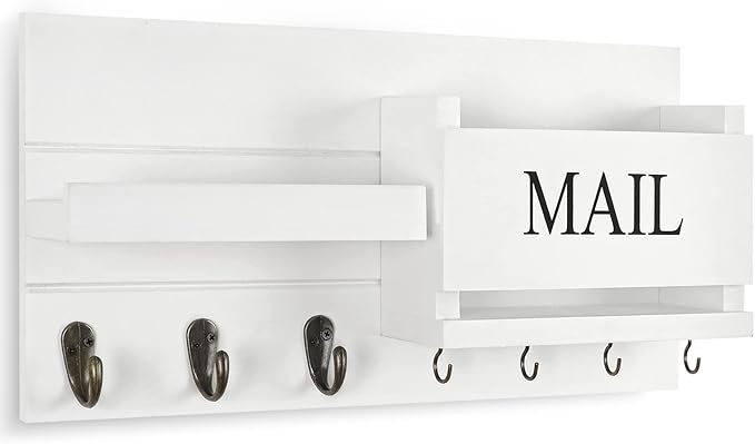 Lwenki Mail Organizer for Wall Mount – Key Holder with Shelf Includes Letter Holder and Hooks for Hallway Farmhouse Decor – Rustic Wood with Flush Mounting Hardware (16.5” x 9.1” x 3.4”) (White)