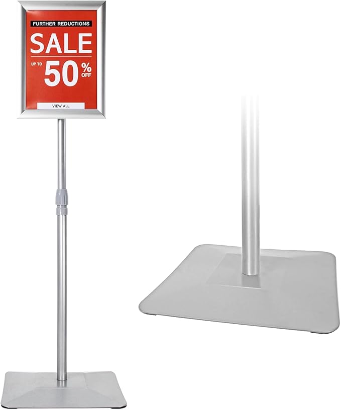 Golemas Adjustable Sign Stand for Display, with Upgraded Iron Base, Pedestal Floor Signage Stand Holder for Outdoor or Indoor Advertising (8.5 x 11, Silver)