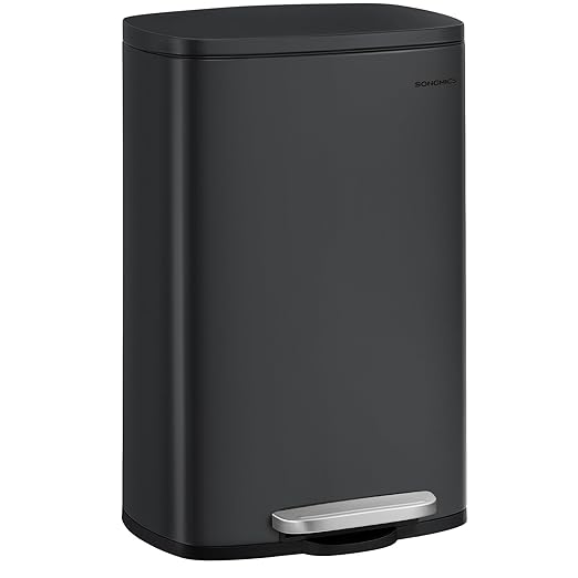 SONGMICS 13 Gallon (50 L) Trash Can, Stainless Steel Kitchen Garbage Can, Recycling or Waste Bin, Soft Close, Step-On Pedal, Removable Inner Bucket, Black ULTB050B01