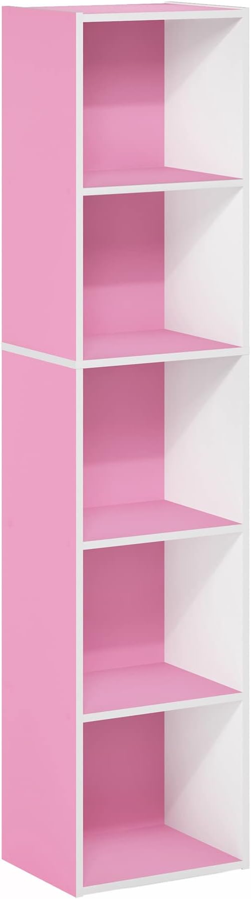 Furinno PASIR Book Shelf, 5-Tier Modern Bookshelf, Open Shelves Bookcase 9 x 12 x 52, for Living Room, Bedroom, Home Office, Pink/White