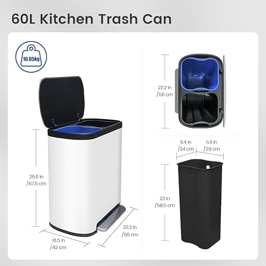 JM ·YIPENG Dual Trash Can Stainless Steel Recycle Bins for Kitchen, 60 L/16 Gallon Dual Compartment Recycling Trash Can with Soft-Close Lid and Removable Liner Buckets for Kitchen, Living Room, White