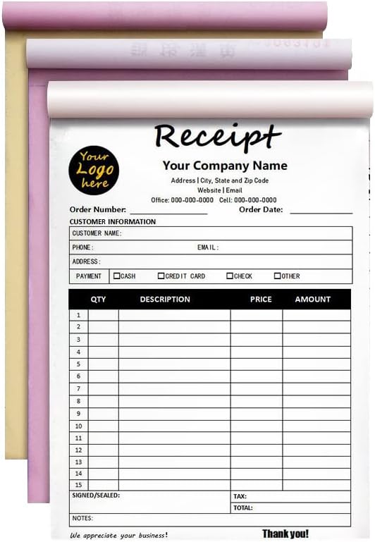 Personalized Invoice Book Custom 2 Part/3 Part Receipt Book Quote Estimate Order Forms Carbonless Form with Your Company Name Logo Address,2-10 Books (Style 14)