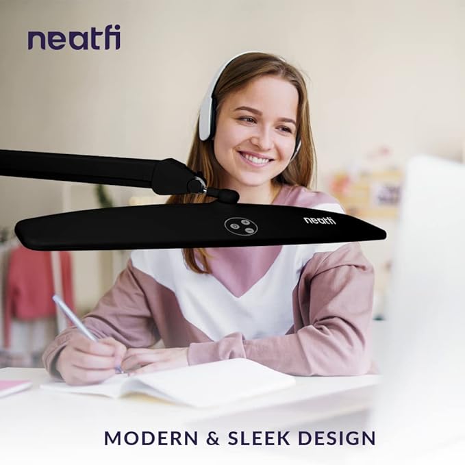 Neatfi Elite HD XL Task Lamp, 1600 Lumens, 84PCS SMD LED, 6500K, Non-Polar Dimming, Desk Light for Home, Office, and Study Room (Non-CCT with Clamp, Black, 22 Inches)