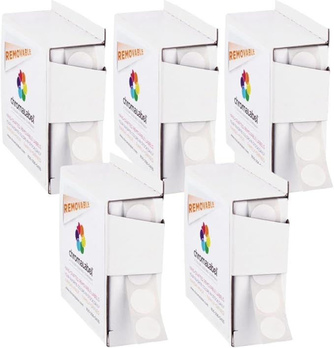 ChromaLabel 1/2 Inch White Circle Sticker Labels, Small Round Easy Peel Price Stickers, Removable Dot Labels for Color Coding, 1000 Stickers per Dispenser Box - Case of 5