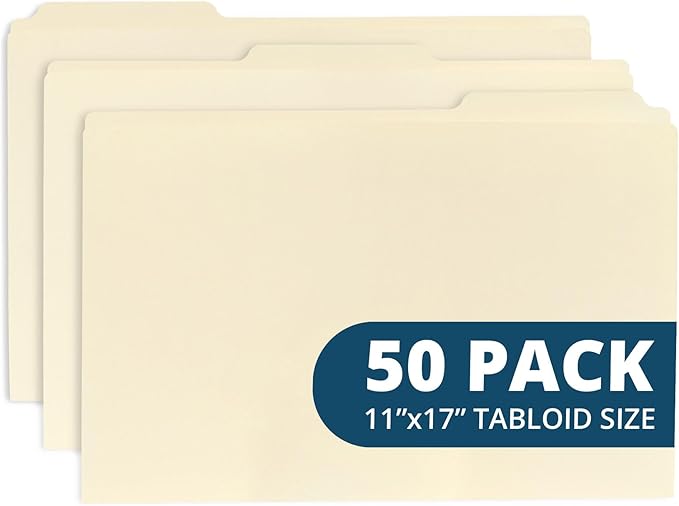 Blue Summit Supplies 11x17 Folders for Blueprints, Plans, Drawings, and Construction, Manila 11x17 File Folders, Bulk 50 Pack