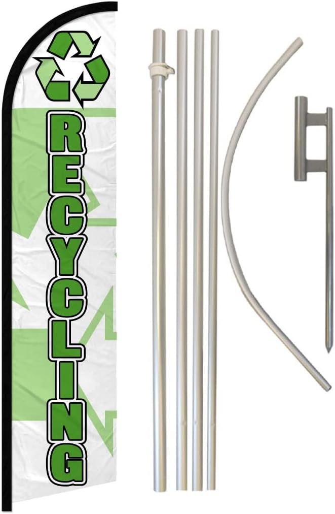 Recycling Windless Banner Advertising Flag & Pole Kit - Perfect for Recycling Centers, E-waste Centers, Electronics Stores