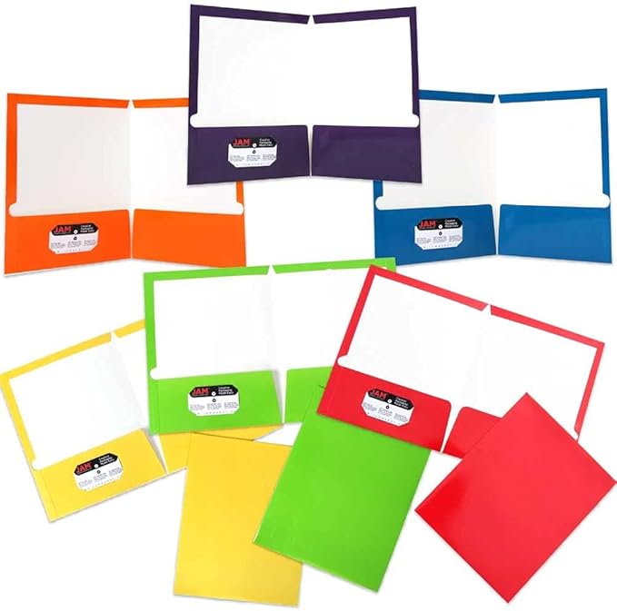 JAM PAPER Laminated Two Pocket Glossy School Folders - Letter Size - High Gloss Assorted Primary Colors - 6/Pack