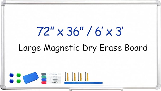 DEVELOP Large Magnetic Dry Erase Board 36 x 72 Inch, 3' x 6' Wall Mounted White Board with Aluminium Frame & Detachable Marker Tray, Magnetic Whiteboard for Home School Office