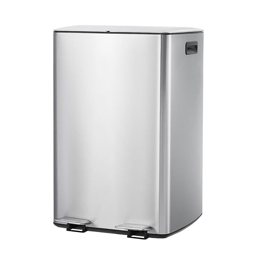 Garvee 16 Gallon (60 L) Dual Trash Can, Stainless Steel Garbage Bin with Plastic Inner Buckets, Commercial Trash Can with Soft-Close Lids & Pedals, Double Compartment Recycling Bin for Kitchen, Sliver