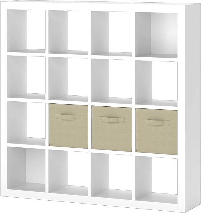 furtble Bookshelf with Storage Bins, 16-Cube Storage Organizer with Back Panels, Modern Wood Open Bookcase, Multifunctional Display Shelf for Living Room, Bedroom, Home Office, White